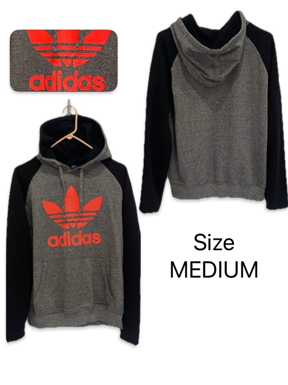 Adidas Originals Gray Raglan Hoodie Red Trefoil Black Sleeve Raw Edge Medium - Picture 1 of 11